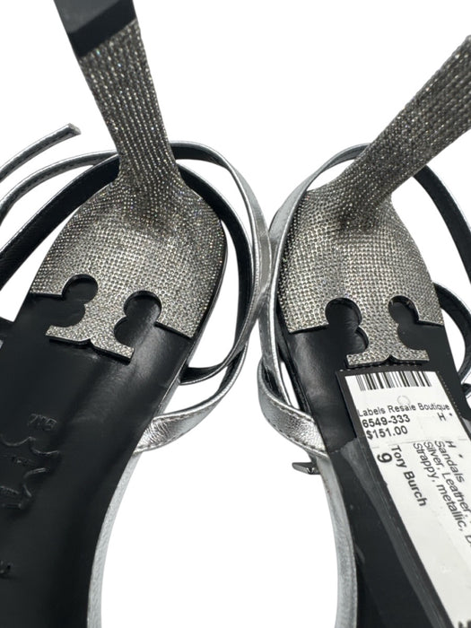 Tory Burch Shoe Size 9 Silver Leather Rhinestone Open Toe Strappy Sandals Silver / 9