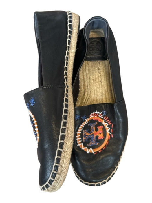 Tory Burch Shoe Size 8.5 Black Leather Embroidered Espadrille Flats Black / 8.5