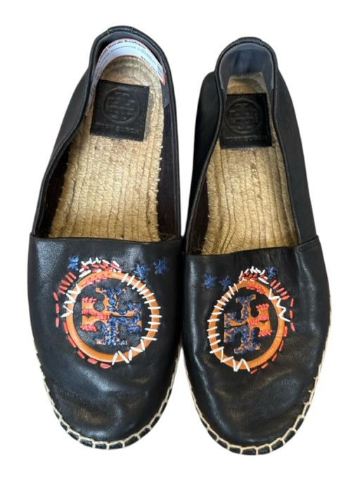 Tory Burch Shoe Size 8.5 Black Leather Embroidered Espadrille Flats Black / 8.5