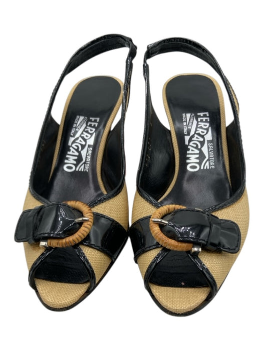 Salvatore Ferragamo Shoe Size 5 Beige & Black Rattan Peep Toe Slingback Pumps Beige & Black / 5