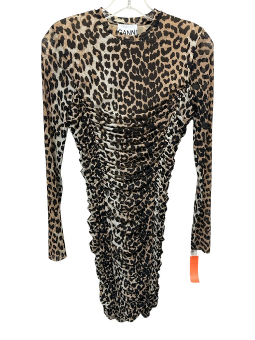 Ganni Size 34 Brown & Black Polyamide Blend Leopard Print Mesh Overlay Dress Brown & Black / 34