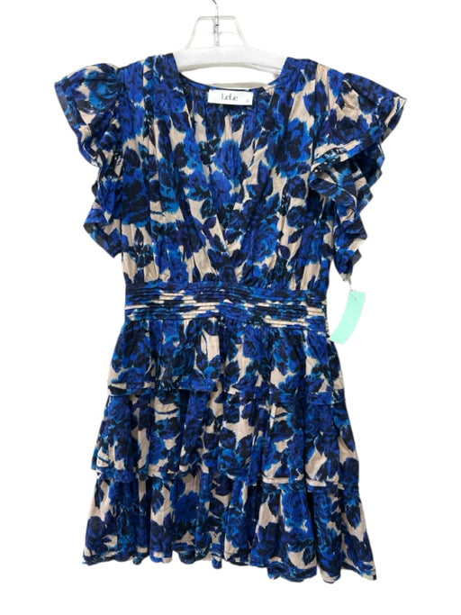 LeLe Size S Blue & Tan Cotton V Neck Sleeveless Floral Mini Dress Blue & Tan / S