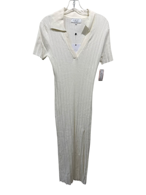 L'Academie Size L Cream White Cotton & Viscose Short Sleeve Rib Knit Maxi Dress Cream White / L