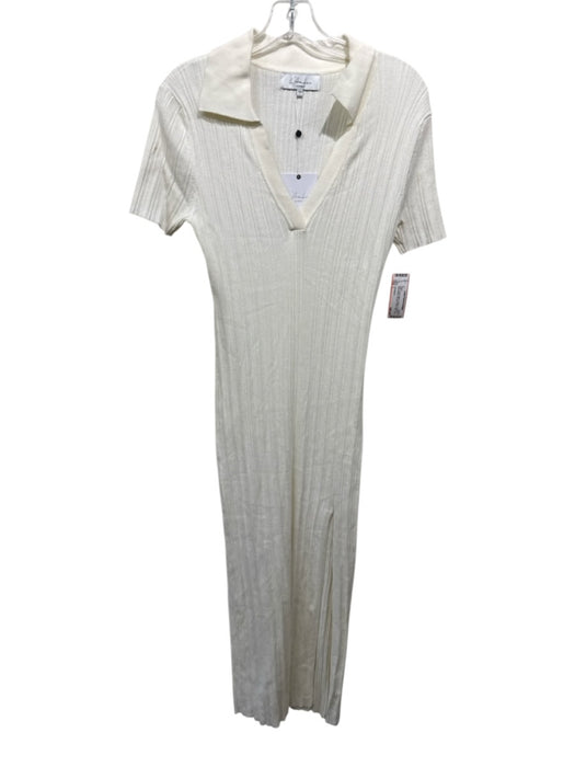 L'Academie Size L Cream White Cotton & Viscose Short Sleeve Rib Knit Maxi Dress Cream White / L