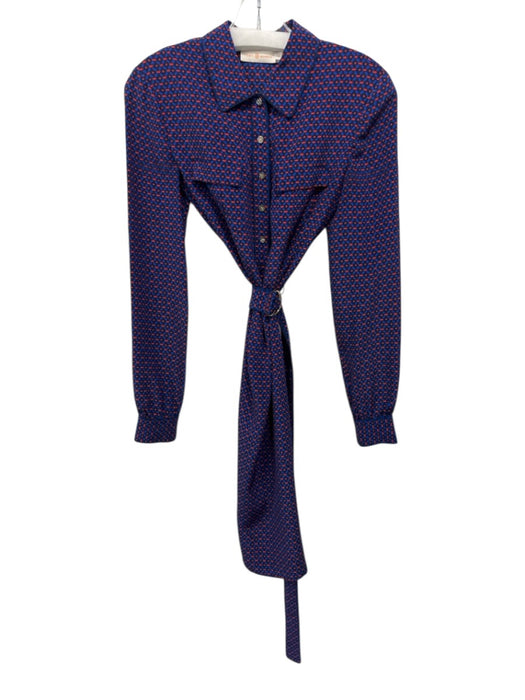 Tory Burch Size XS Blue & Orange Silk Dot Print Long Sleeve Collar Dress Blue & Orange / XS