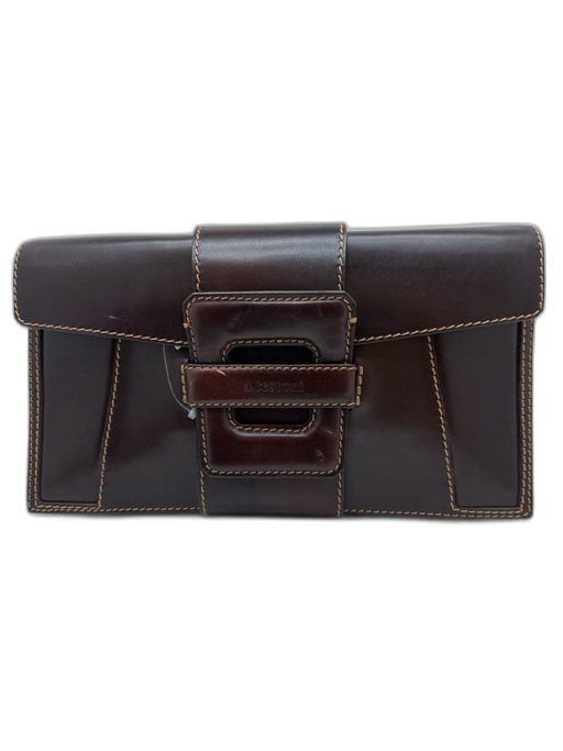A. Testoni Brown Leather Rectangle Stitch Detail Logo Embossed Clutch Bag Brown / Medium