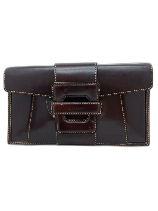 A. Testoni Brown Leather Rectangle Stitch Detail Logo Embossed Clutch Bag Brown / Medium