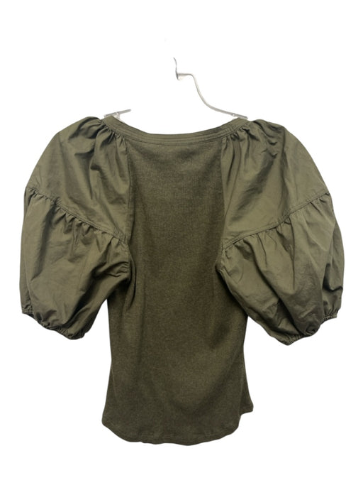 Ulla Johnson Size P Olive Green Cotton Short Puff Sleeve Rib Knit Scoop Neck Top Olive Green / P
