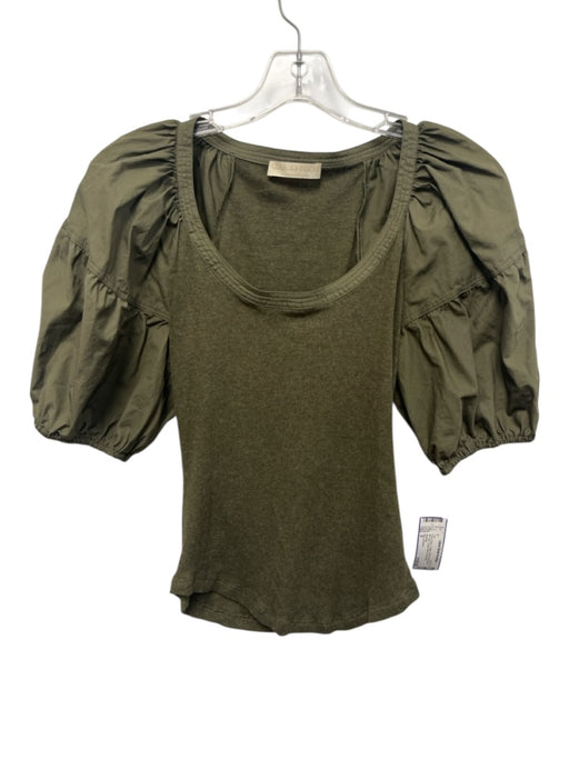 Ulla Johnson Size P Olive Green Cotton Short Puff Sleeve Rib Knit Scoop Neck Top Olive Green / P