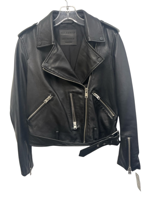 All Saints Size 4 Black Leather Exposed Zippers Lapel Belt Inc. Moto Jacket Black / 4