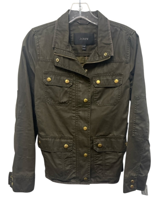 J. Crew Size XS Camo Green Coated Cotton Gold Snaps Zip Up Patch Pockets Jacket Camo Green / XS