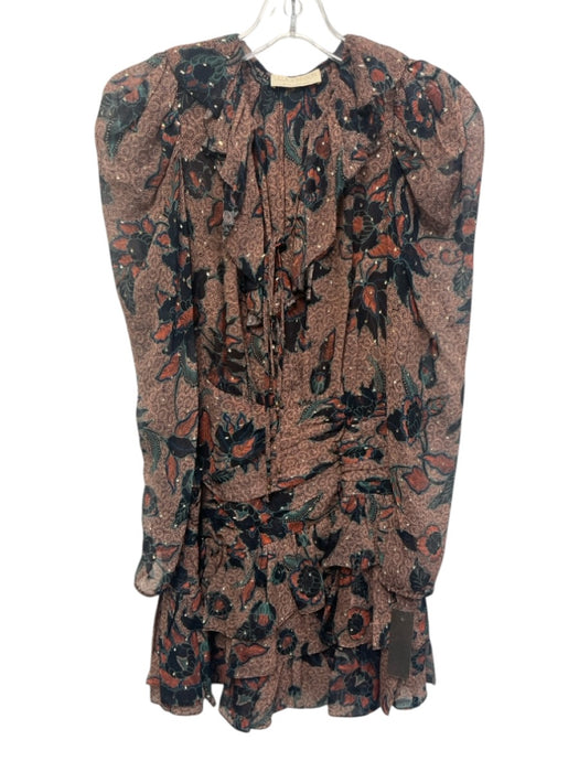 Ulla Johnson Size 0 Peach, Black & Multi Silk Chiffon Floral V Neck Dress Peach, Black & Multi / 0