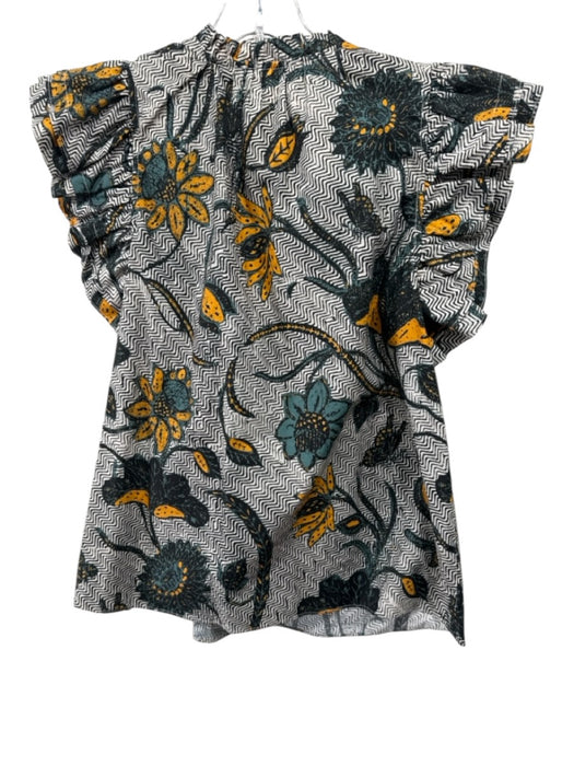 Ulla Johnson Size 0 White & Multi Cotton Ruffle Short Sleeve Split Neck Top White & Multi / 0