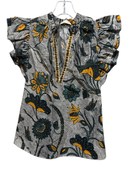 Ulla Johnson Size 0 White & Multi Cotton Ruffle Short Sleeve Split Neck Top White & Multi / 0
