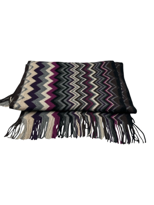 Missoni Purple, Brown & Black Wool Blend Zig Zag Fringe Rectangle Knit scarf Purple, Brown & Black / Medium