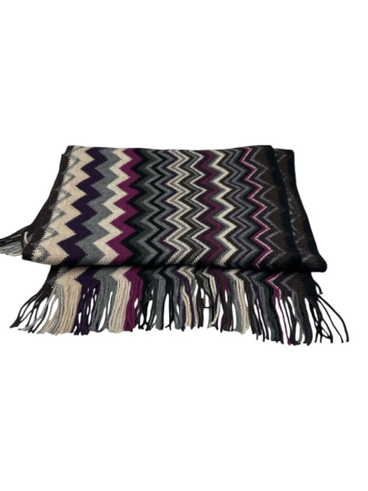 Missoni Purple, Brown & Black Wool Blend Zig Zag Fringe Rectangle Knit scarf Purple, Brown & Black / Medium
