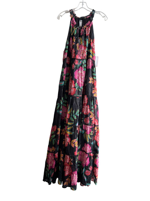 PQ Size M/L Black & Multi Ruffle Accent Floral Sleeveless Silver accent Dress Black & Multi / M/L