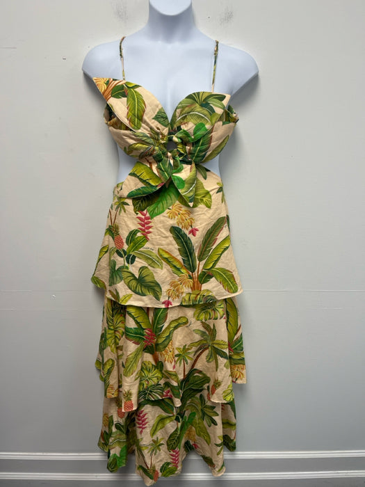 Farm Rio Size XL Green, Pink, Beige Viscose Spaghetti Strap Banana Print Dress