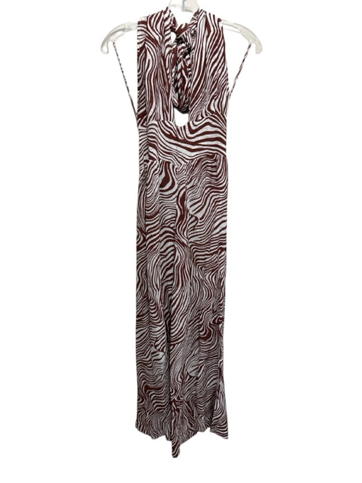 Faithfull the Brand Size L White & Brown Linen Blend Zebra Print Halter Jumpsuit White & Brown / L