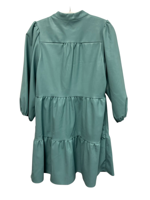 Crown & Ivy Size M Turquiose Polyurethane Split V Neck Half Balloon Sleeve Dress Turquiose / M