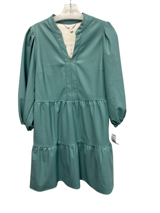 Crown & Ivy Size M Turquiose Polyurethane Split V Neck Half Balloon Sleeve Dress Turquiose / M