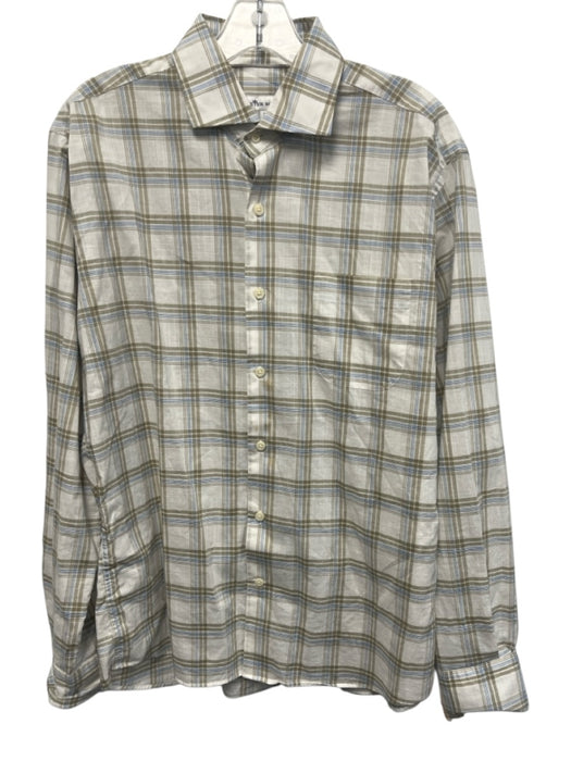 Peter Millar Size M White & Tan Cotton Plaid Button Up Men's Long Sleeve Shirt White & Tan / M