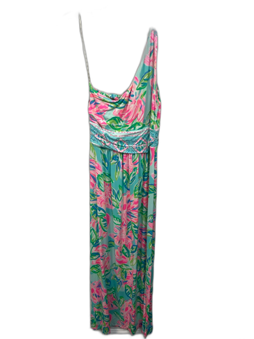 Lilly Pulitzer Size M Teal, Pink & Multi Rayon Blend One Shoulder Maxi Dress Teal, Pink & Multi / M