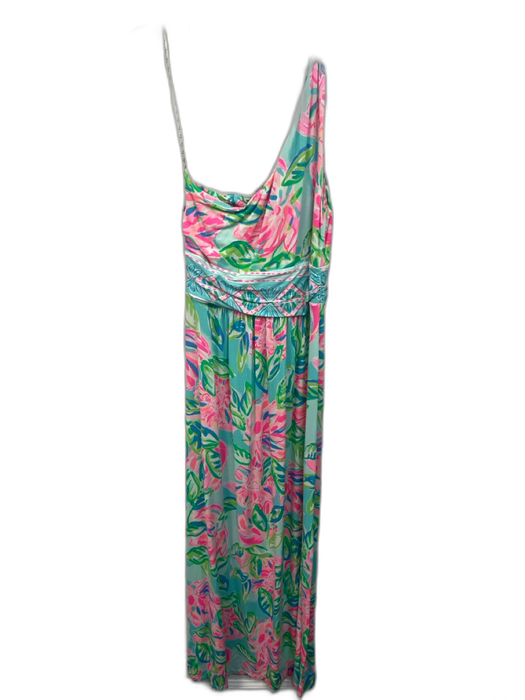 Lilly Pulitzer Size M Teal, Pink & Multi Rayon Blend One Shoulder Maxi Dress Teal, Pink & Multi / M