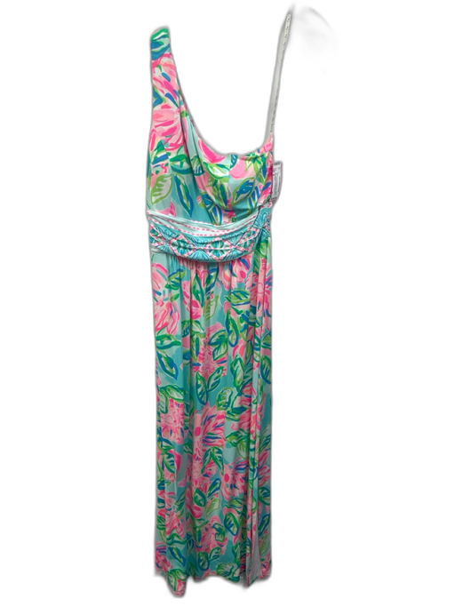 Lilly Pulitzer Size M Teal, Pink & Multi Rayon Blend One Shoulder Maxi Dress Teal, Pink & Multi / M