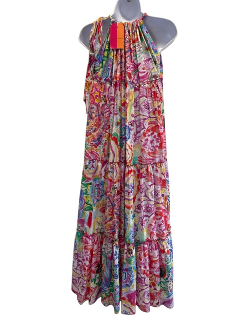 Vilagallo Size M White & Multi Cotton Watercolor Print Gathered Tie Detail Dress White & Multi / M