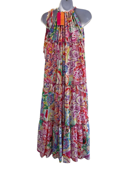 Vilagallo Size M White & Multi Cotton Watercolor Print Gathered Tie Detail Dress White & Multi / M