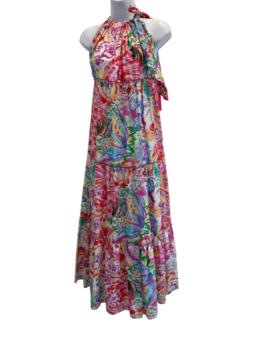 Vilagallo Size M White & Multi Cotton Watercolor Print Gathered Tie Detail Dress White & Multi / M