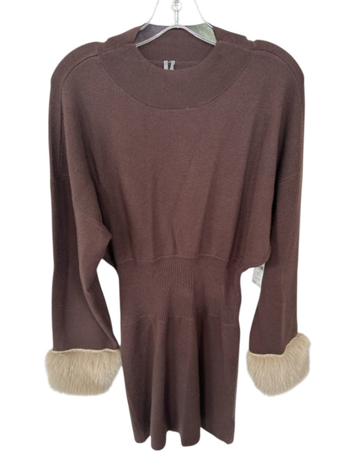 Anthropologie Size L Brown & Tan Viscose Blend Faux Fur Detail Knit Mini Dress Brown & Tan / L