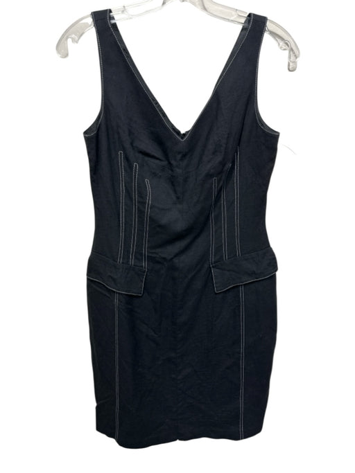 David Meister Size 6 Black & White Linen Sleeveless Contrast Stitch V Neck Dress Black & White / 6