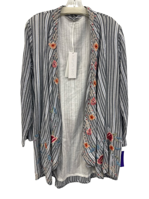 Karyn Seo Size Medium Blue, White & Peach Cotton Striped Open Front Jacket Blue, White & Peach / Medium