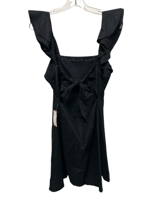 Aqua Size M Black Cotton & Linen Eyelet Ruffle Shoulder Detail Sleeveless Dress Black / M