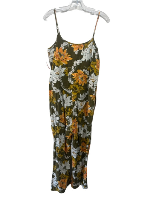 Faherty Size Small Olive & Yellow Linen Blend Floral Spaghetti Strap Jumpsuit Olive & Yellow / Small