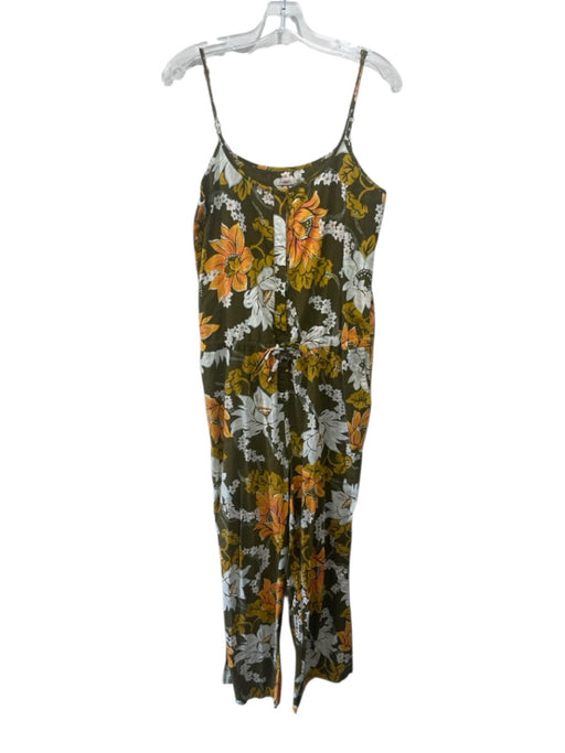 Faherty Size Small Olive & Yellow Linen Blend Floral Spaghetti Strap Jumpsuit Olive & Yellow / Small