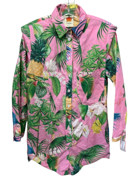 Farm Rio Size XS Pink, Green, Yellow Cotton Shoulder Pads Tropical Sash Romper Pink, Green, Yellow / XS