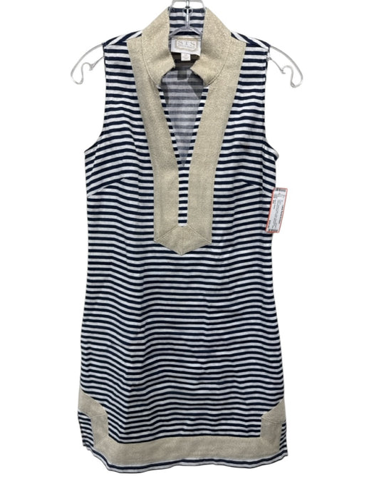 Sail To Sable Size XS Navy, White & Gold Linen Sleeveless V Neck Dress Navy, White & Gold / XS