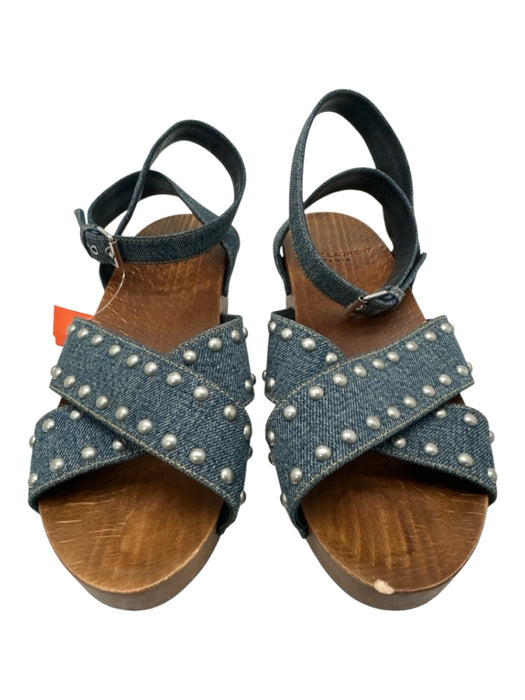 Saint Laurent Shoe Size 40.5 Blue & Brown Denim Wooden Sole Studded Sandals Blue & Brown / 40.5