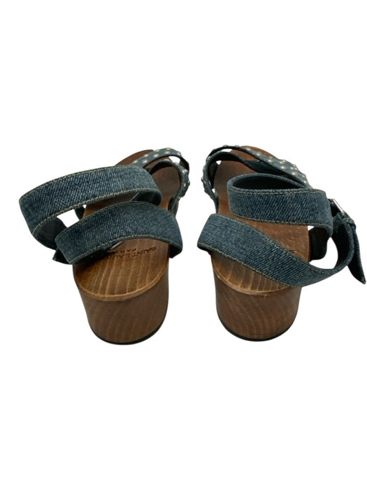 Saint Laurent Shoe Size 40.5 Blue & Brown Denim Wooden Sole Studded Sandals Blue & Brown / 40.5