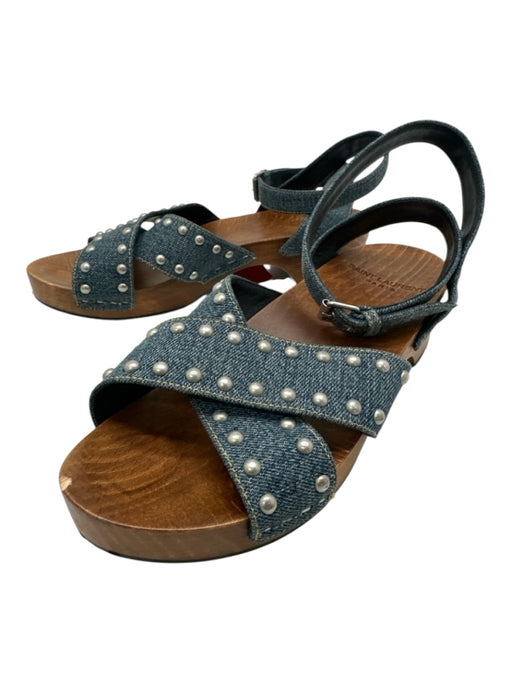 Saint Laurent Shoe Size 40.5 Blue & Brown Denim Wooden Sole Studded Sandals Blue & Brown / 40.5