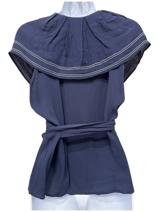 Tory Burch Size 6 Navy Blue & White Viscose Blend Ruffle Cap Sleeve Wrap Top Navy Blue & White / 6