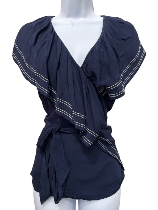 Tory Burch Size 6 Navy Blue & White Viscose Blend Ruffle Cap Sleeve Wrap Top Navy Blue & White / 6