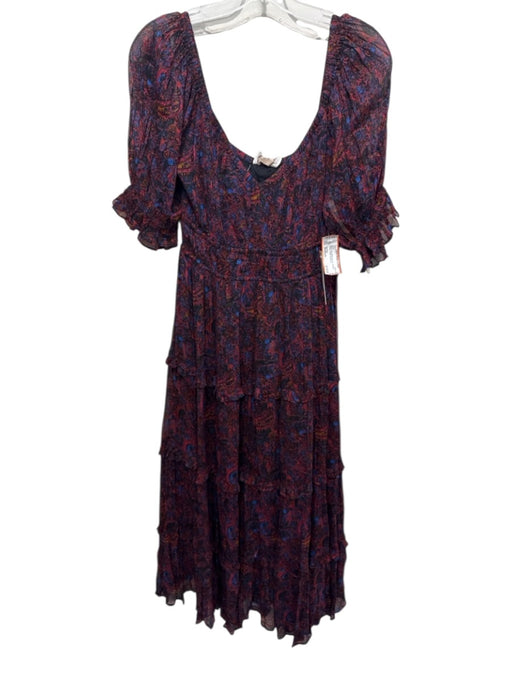 Cleobella Size Medium Black, Red, Multi Viscose Abstract Pasley Ruffle Dress Black, Red, Multi / Medium