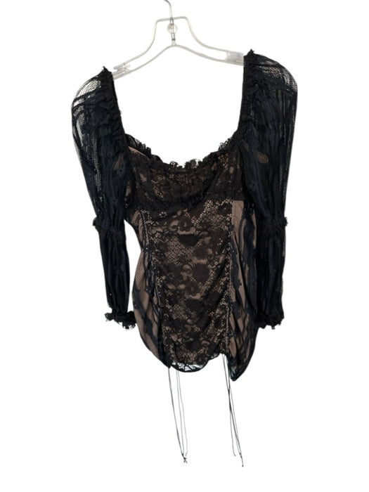 For Love & Lemons Size S Black & Nude Lace Long Sleeve Front Tie Dress Black & Nude / S