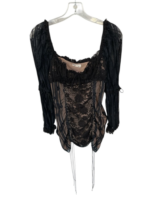 For Love & Lemons Size S Black & Nude Lace Long Sleeve Front Tie Dress Black & Nude / S
