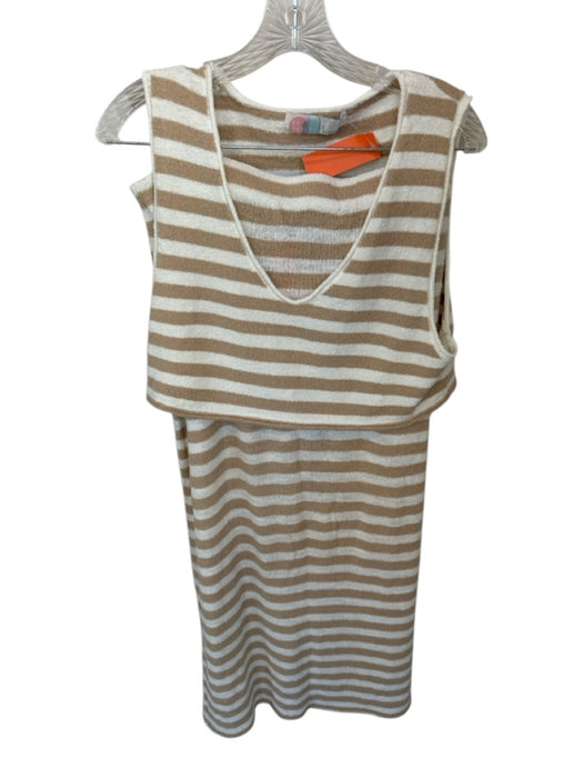 FP Beach Size L white & tan Cotton Blend Elastic Waist Striped Knit Skirt Set white & tan / L