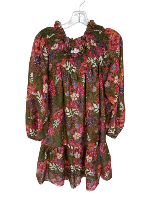 J. Marie Size L Green & Pink Polyester Mock Neck Botanical Dress Green & Pink / L